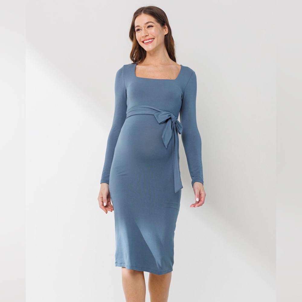 Hello MIZ Long Sleeve Square Neck Maternity Dress in Dusty Blue